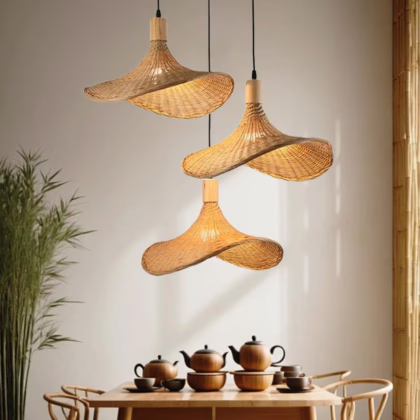 Rattan Straw Hat Pendant - 3 Light