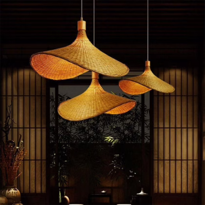 Rattan Straw Hat Pendant - 3 Light
